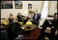 President George W. Bush speaks with members of Lebanon's "March 14" coalition during a meeting at the White House Monday afternoon, Feb. 26, 2007, from left to right, former Lebanese Parliament member Ghattas Khoury; Lebanese Minister of Telecommunications Marwan Hamadeh and Walid Jumblatt, leader of the Progressive Socialist Party of Lebanon. National Security Advisor Stephen Hadley is seen at right. White House photo by Eric Draper
