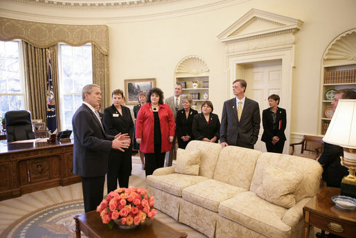 President George W. Bush offers a tour of the Oval Office to the leaders of 11 military service organizations Wednesday, Feb. 28, 2007, following a meeting with the group to thank them for their dedication and commitment in support of America's military and their families at home. White House photo by Eric Draper