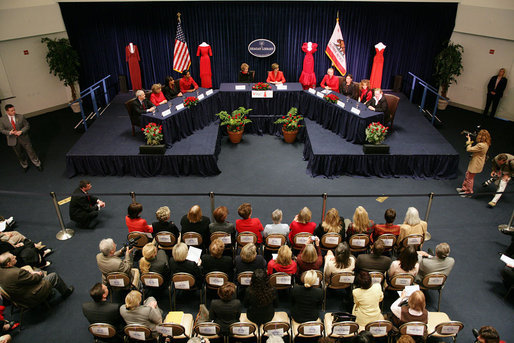 Mrs. Laura Bush participates in a panel discussion during American Heart Month at the Reagan Presidential Library and Museum Wednesday, Feb. 28, 2007, in Simi Valley, Calif. Since the Heart Truth campaign began five years ago, more women have become aware that heart disease is the #1 killer of women and fewer women are dying of heart disease. White House photo by Shealah Craighead