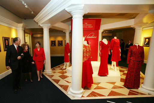 Duke Blackwood, Director of the Ronald Reagan Presidential Library and Museum, guides Mrs. Laura Bush and Mrs. Nancy Reagan on a tour of the Red Dress Exhibit at the Ronald Reagan Presidential Library and Museum Wednesday, Feb. 28, 2007, in Simi Valley, Calif. The exhibit features red dresses and suits worn by America’s First Ladies who have joined the Heart Truth campaign to raise awareness of heart disease as the #1 killer of women. White House photo by Shealah Craighead