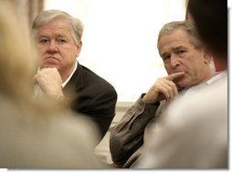 President George W. Bush is joined by Mississippi Governor Haley Barbour, left, at a meeting with local leaders Thursday, March 1, 2007 in Biloxi, Miss., on the recovery and reconstruction efforts underway in the region devastated by Hurricane Katrina.  White House photo by Eric Draper