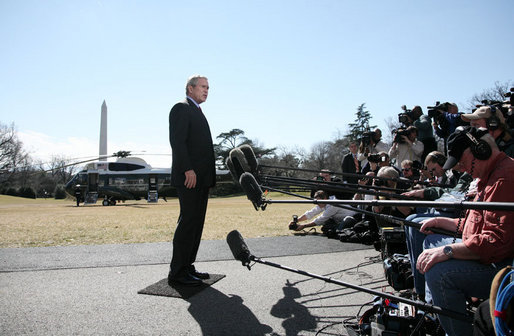 President George W. Bush addresses members of the White House media on the South Lawn of the White House Friday, March 2, 2007, to announce he will travel Saturday to the storm ravaged areas of Georgia and Alabama. White House photo by Paul Morse
