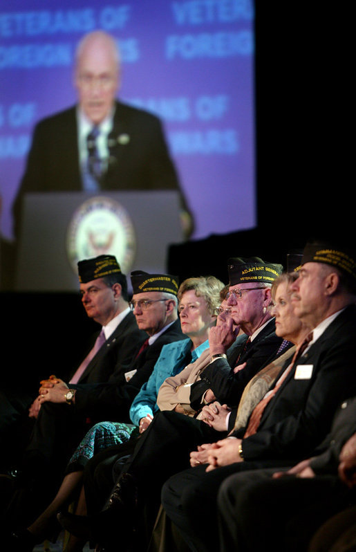 Delegates and leaders of the Veterans of Foreign Wars listen as Vice President Dick Cheney addresses the Joint Opening Session of the Veterans of Foreign Wars National Legislative Conference, Monday, March 5, 2007. "The VFW's mission -- to honor the dead by helping the living -- is a daily commitment that this organization carries out nobly and well," said the Vice President. "By your service to veterans and to your communities, and by your support for a strong national defense, you're an example of good citizenship and patriotism, and you've earned the respect of our entire nation." White House photo by David Bohrer