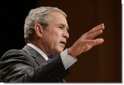 President George W. Bush gestures as he addresses his remarks to United States Hispanic Chamber of Commerce, speaking on Western Hemisphere policy, Monday, March 5, 2007 in Washington, D.C. President Bush, who travels to Latin America later this week, said the two regions are linked by common values, shared interests and growing ties that have helped advance peace and prosperity on both continents. White House photo by Paul Morse