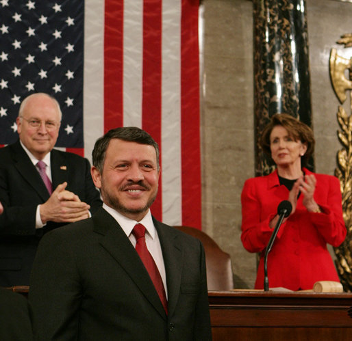 Vice President Dick Cheney and House Speaker Nancy Pelosi applaud King Abdullah II of Jordan as he prepares to address a Joint Meeting of Congress, Tuesday, March 7, 2007 at the U.S. Capitol. White House photo by David Bohrer