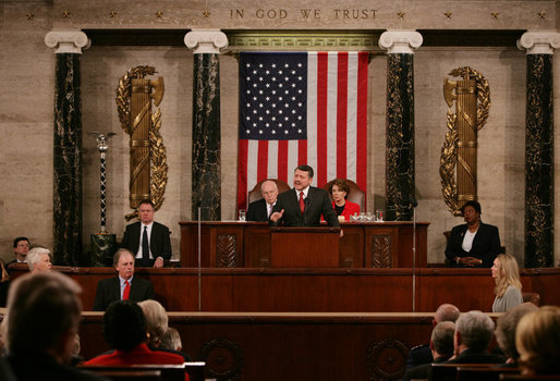 Vice President Dick Cheney and House Speaker Nancy Pelosi listen as King Abdullah II of Jordan addresses a Joint Meeting of Congress, Tuesday, March 7, 2007 at the U.S. Capitol. White House photo by David Bohrer