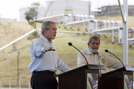 President George W. Bush and President Lula of Brazil discuss biofuel technology during a joint press conference at Petrobras Transporte S.A. Facility Friday, March 9, 2007, in Sao Paulo, Brazil. "And so I'm very much in favor of promoting the technologies that will enable ethanol and biodiesel to remain competitive, and therefore, affordable to the people in our respective countries and around our neighborhoods," said President Bush. White House photo by Paul Morse