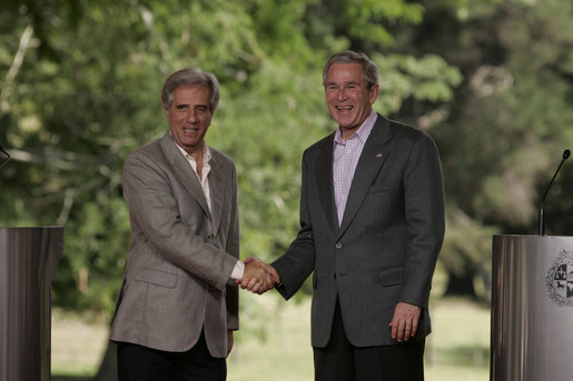 President George W. Bush and President Tabare Vazquez shake hands after a their joint press availability Saturday, March 10, 2007, at Estancia Anchorena. President Bush pledged to work hard for a compassionate and rational immigration law "that respects the rule of law, but also respects the great traditions of the United States, a tradition which is a welcoming society." White House photo by Paul Morse