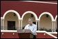 President George W. Bush delivers a statement during arrival ceremonies Tuesday, March 13, 2007, at Hacienda Temozon in Temozon Sur, Mexico. Said the President, "The United States and Mexico are partners. We're partners in building a safer, more democratic and more prosperous hemisphere. And a strong relationship between our countries is based upon mutual trust and mutual respect." White House photo by Paul Morse