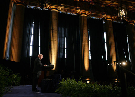 Vice President Dick Cheney delivers remarks, Tuesday, March 13, 2007, at the 2006 Malcolm Baldrige National Quality Award Ceremony in Washington, D.C. The award, established by Congress in 1987 and named in honor of former Commerce Secretary Malcolm Baldrige, recognizes organizations for achievements in quality and performance in fields such as manufacturing, service, small business, education and health care. White House photo by David Bohrer