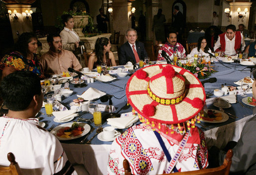President George W. Bush speaks at a breakfast meeting with Training, Internships and Scholarships (TIES) recipients Wednesday, March 14, 2007, in Merida, Mexico. White House photo by Eric Draper