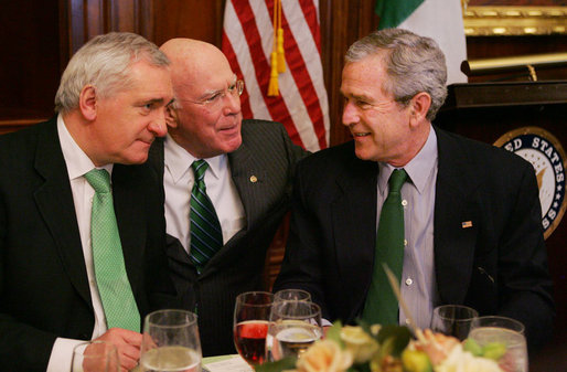 President George W. Bush speaks with Ireland’s Prime Minister Bertie Ahern, left, and U.S. Senator Patrick Leahy, center, Thursday, March 15, 2007, during the annual St. Patrick’s Day luncheon at the U.S. Capitol. White House photo by Joyce Boghosian