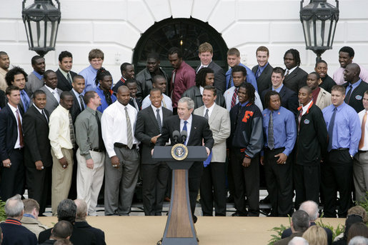 President George W. Bush welcomes the 2006 NCAA football champion University of Florida Gators football team to the White House, Monday, March 19, 2007. White House photo by Joyce Boghosian