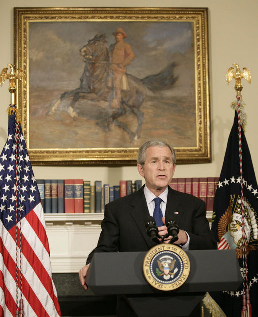 President George W. Bush delivers a statement Monday, March 19, 2007, on the fourth anniversary of the invasion of Iraq. Said the President, "As Iraqis work to keep their commitments, we have important commitments of our own." White House photo by Eric Draper