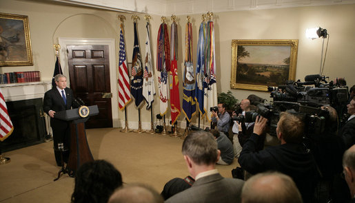 On the fourth anniversary of the invasion of Iraq, President George W. Bush delivers a statement Monday, March 19, 2007, to the media in the Roosevelt Room of the White House. "It can be tempting to look at the challenges in Iraq, and conclude our best option is to pack up and go home," said the President. "That may be satisfying in the short run, but I believe the consequences for American security would be devastating." White House photo by Eric Draper
