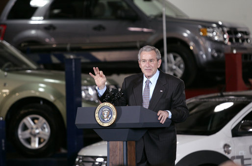 With a backdrop of new vehicles still on the line, President George W. Bush delivers remarks Tuesday, March 20, 2007, on energy initiatives during a tour of the Ford Motor Company - Kansas City Assembly Plant in Claycomo, Missouri. Said the President, " I believe that -- I call it Twenty Ten; in other words, reduce gasoline usage by 20 percent over 10 years. And I'm looking forward to working with both Republicans and Democrats to get it done." White House photo by Eric Draper