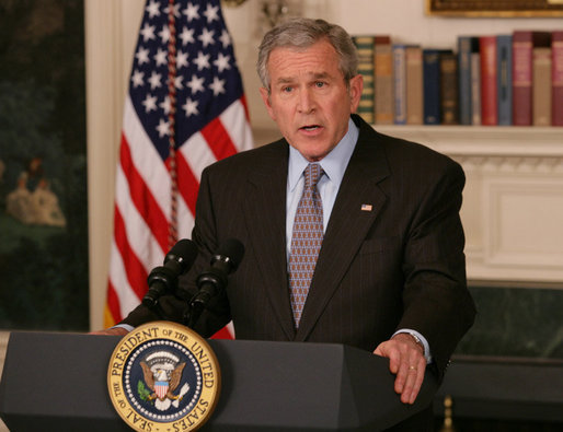 President George W. Bush speaks to members of the media Tuesday, March 20, 2007 in the Diplomatic Reception Room of the White House, addressing the issues surrounding the firing of eight federal prosecutors. White House photo by Shealah Craighead