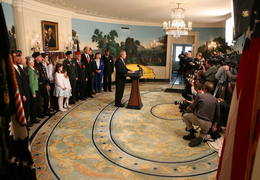 President George W. Bush discusses the Iraq War Emergency Supplemental with the press in the Diplomatic Reception Room Friday, March 23, 2007. "Today's action in the House does only one thing: it delays the delivering of vital resources for our troops," said President Bush. White House photo by Eric Draper
