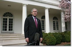 President George W. Bush delivers a statement to the media regarding the health of White House Press Secretary Tony Snow Tuesday, March 27, 2007, in the Rose Garden.  White House photo by Joyce N. Boghosian