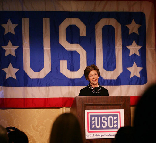 Mrs. Laura Bush addresses her remarks during the 25th Anniversary United Service Organizations (USO) of Metropolitan Washington Annual Awards Dinner in Arlington, Va., March 27, 2007, where Mrs. Bush was presented with the 2007 USO Service Award. White House photo by Shealah Craighead
