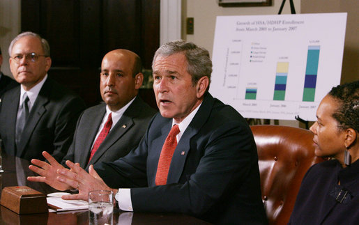 President George W. Bush addresses his remarks to members of the media during a meeting with small business owners, health insurance providers and recently insured individuals on Health Savings Accounts, Monday, April 2, 2007, in the Roosevelt Room at the White House. A report released Monday shows the number of individuals covered by Health Savings Accounts has increased 43 percent over the last year. White House photo by Joyce Boghosian