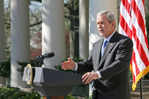 President George W. Bush discusses the emergency supplemental bill with the press Tuesday, April 3, 2007, in the Rose Garden. "Democrat leaders in Congress seem more interested in fighting political battles in Washington than in providing our troops what they need to fight the battles in Iraq," said the President. "If Democrat leaders in Congress are bent on making a political statement, then they need to send me this unacceptable bill as quickly as possible when they come back. I'll veto it, and then Congress can get down to the business of funding our troops without strings and without delay." White House photo by Eric Draper