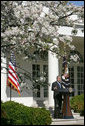 President George W. Bush addresses the press Tuesday, April 3, 2007, in the Rose Garden. "The reinforcements we've sent to Baghdad are having a impact. They're making a difference," said the President. "And as more of those reinforcements arrive in the months ahead, their impact will continue to grow. But to succeed in their mission, our troops need Congress to provide the resources, funds, and equipment they need to fight our enemies."  White House photo by David Bohrer