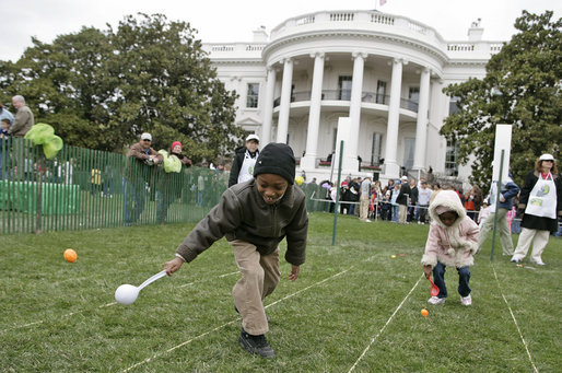 Eggs roll, drop, hop and even fly as children take part in the traditional mainstay of the 2007 White House Easter Egg Roll on the South Lawn Monday, April 9 2007. White House photo by Shealah Craighead