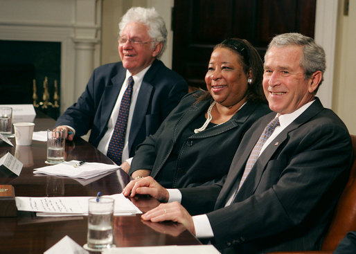 President George W. Bush talks with the press Thursday, April 12, 2007, after meeting about the No Child Left Behind Act with leaders in education, business the civil rights movement in the Roosevelt Room. Pictured with the President are Bill Taylor, Chairman of the Citizens' Commission on Civil Rights, and Shelia Evans-Tranumn, Associate Commissioner of Education for New York State. White House photo by Joyce N. Boghosian
