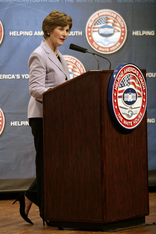 Mrs. Laura Bush delivers her remarks Thursday, April 12, 2007 at the third regional conference on Helping America’s Youth at Tennessee State University in Nashville, Tenn. Mrs. Bush said, “Adults need to become aware of the challenges facing children, and take an active interest in their lives.” White House photo by Shealah Craighead