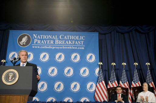 President George W. Bush addresses the National Catholic Prayer Breakfast Friday, April 13, 2007, in Washington, D.C. "Our Declaration of Independence states that our freedom rests on self-evident truths about the dignity of the human person. Throughout our nation's history, Catholic Americans have embraced, sustained, and given their lives to defend these truths," said President Bush. "This morning, we give thanks for the blessings of freedom, and we ask Almighty God to guide us as we renew our founding promise of liberty and justice for all." White House photo by Shealah Craighead