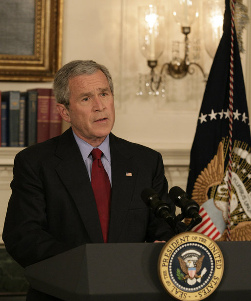 President George W. Bush delivers a statement Monday, April 16, 2007, regarding the shooting deaths of more than 30 Virginia Tech students. "Today, our nation grieves with those who have lost loved ones at Virginia Tech," said the President. "We hold the victims in our hearts, we lift them up in our prayers, and we ask a loving God to comfort those who are suffering today." White House photo by Eric Draper