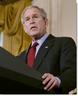 President George W. Bush addresses his remarks on the Iraq War supplemental spending bill in the East Room at the White House, Monday, April 16, 2007, urging Congress to pass an emergency war spending bill, without strings and without further delay.  White House photo by Eric Draper