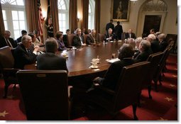 President George W. Bush addresses a meeting with bicameral and bipartisan legislative leaders, including House Speaker Nancy Pelosi and Senate Majority Leader Harry Reid, in the Cabinet Room at the White House, Wednesday, April 18, 2007.  White House photo by Eric Draper