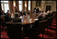 President George W. Bush addresses a meeting with bicameral and bipartisan legislative leaders, including House Speaker Nancy Pelosi and Senate Majority Leader Harry Reid, in the Cabinet Room at the White House, Wednesday, April 18, 2007. White House photo by Eric Draper