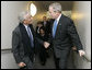 President George W. Bush is greeted by Elie Wiesel, Founding Chairman of the United States Holocaust Memorial Museum, after arriving Wednesday, April 18, 2007, to deliver remarks in commemoration of the Holocaust Days of Remembrance. White House photo by Eric Draper