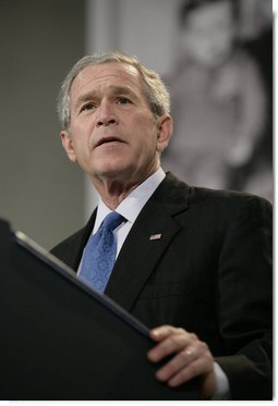 President George W. Bush delivers remarks at the United States Holocaust Memorial Museum Wednesday, April 18, 2007. Speaking on the issue of Darfur, the President told his audience, "Thanks to the efforts of people in this room, the world knows and the world sees. Now the world must act."  White House photo by Eric Draper