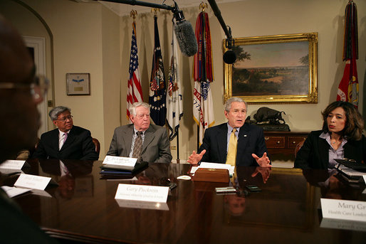 President George W. Bush addresses the press during a meeting about medicare in the Roosevelt Room April 23, 2007. "It took a monumental effort by a lot of citizens around the country to make the options that our seniors were given easy to understand," said President Bush. "In other words, we reformed Medicare and gave seniors a lot of choices, and it took a lot of loving Americans a lot of time to make these choices available for our senior citizens. Now that the plan is in place, 39 million have signed up for it, drug costs are less than anticipated, and the cost to the taxpayer is about $200 billion less than anticipated." White House photo by Eric Draper