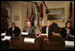 President George W. Bush addresses the press during a meeting about medicare in the Roosevelt Room April 23, 2007. "It took a monumental effort by a lot of citizens around the country to make the options that our seniors were given easy to understand," said President Bush. "In other words, we reformed Medicare and gave seniors a lot of choices, and it took a lot of loving Americans a lot of time to make these choices available for our senior citizens. Now that the plan is in place, 39 million have signed up for it, drug costs are less than anticipated, and the cost to the taxpayer is about $200 billion less than anticipated." White House photo by Eric Draper
