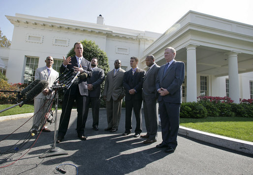Quarterback Peyton Manning talks with the press after the Indianapolis Colts met with President George W. Bush during their visit where they were honored for winning the 2007 NFL Super Bowl. White House photo by Shealah Craighead