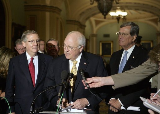 Vice President Dick Cheney comments on the war in Iraq Tuesday, April 24, 2007 at the U.S. Capitol. Standing with the Vice President is Senate Minority Leader Mitch McConnell, R-KY, left, and Senator Trent Lott, R-MS. White House photo by Joyce Boghosian