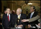 Vice President Dick Cheney comments on the war in Iraq Tuesday, April 24, 2007 at the U.S. Capitol. Standing with the Vice President is Senate Minority Leader Mitch McConnell, R-KY, left, and Senator Trent Lott, R-MS. White House photo by Joyce Boghosian