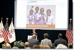 Mrs. Laura Bush delivers remarks at the launch of the President's Africa Education Initiative video at the Academy for Educational Development Tuesday, April 24, 2007, in Washington, D.C. "Yesterday began UNESCO's Education for All Week -- a time when the world renews its commitment to education. Governments are reminded of their responsibility to invest in the education of its citizens. Leaders are urged to work with their counterparts in other countries to educate global citizens," said Mrs. Bush. "And all of us are called to help meet UNESCO’s goal of giving every child access to a good education by the year 2015."  White House photo by Shealah Craighead