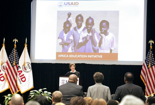 Mrs. Laura Bush delivers remarks at the launch of the President's Africa Education Initiative video at the Academy for Educational Development Tuesday, April 24, 2007, in Washington, D.C. "Yesterday began UNESCO's Education for All Week -- a time when the world renews its commitment to education. Governments are reminded of their responsibility to invest in the education of its citizens. Leaders are urged to work with their counterparts in other countries to educate global citizens," said Mrs. Bush. "And all of us are called to help meet UNESCO’s goal of giving every child access to a good education by the year 2015." White House photo by Shealah Craighead