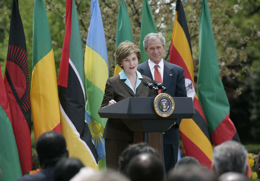 Mrs. Laura Bush is joined by President George W. Bush as she delivers remarks during a ceremony marking Malaria Awareness Day Wednesday, April 25, 2007, in the Rose Garden. White House photo by Shealah Craighead