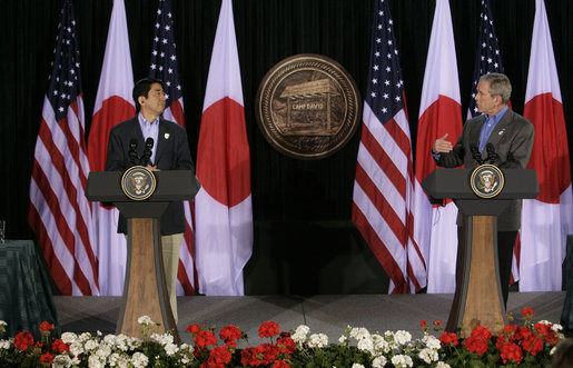 President George W. Bush and Japan's Prime Minister Shinzo Abe hold a joint press availability Friday, April 27, 2007, at Camp David. White House photo by Joyce Boghosian