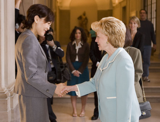 Mrs. Lynne Cheney greets Mrs. Akie Abe, the wife of Prime Minister Shinzo Abe of Japan, at the Freer Gallery of Art Friday, April 27, 2007, in Washington, D.C. Mrs. Cheney and Mrs. Abe toured the museum of Asian art with Dr. James Ulak, curator of Japanese art. White House photo by Lynden Steele