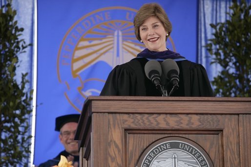 Mrs. Laura Bush addresses the University of Pepperdine's Seaver College Class of 2007 during commencement ceremonies Saturday, April 28, 2007, in Malibu, Calif. Mrs. Bush, who received an honorary Doctor of Laws degree during the event, told the graduates, "The Pepperdine Class of 2007 -- and all of us in the United States -- have freely received the blessings of our nation: good health and prosperity; opportunity and freedom. Our country is also blessed with compassionate citizens who freely give to other nations in need. Many of these compassionate citizens are right here at Pepperdine." White House photo by Shealah Craighead