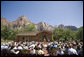 Mrs. Laura Bush delivers remarks, Sunday, April 29, 2007, during the rededication ceremony of the Zion National Park Nature Center in Springdale, Utah. "In Zion's peak season, the park welcomes 11,000 visitors a day," said Mrs. Bush. "They come for the sport of canyoneering. They come to learn about this park's abundant plant life -- from the Utah Beavertail Cactus to the Bigtooth Maple to the Pigsweed Shrub." White House photo by Shealah Craighead
