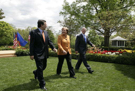 President George W. Bush and European Council President Angela Merkel of Germany, and European Commission President Jose Manuel Barroso of Portugal leave the Rose Garden Monday, April 30, 2007, after their joint press conference. White House photo by Eric Draper